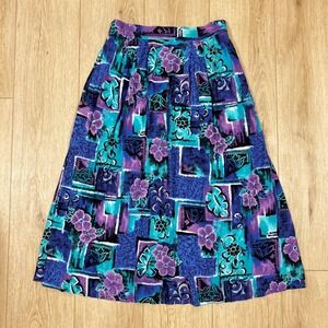 Vintage Floral Geometric Patchwork Midi Skirt‎ Blue Teal Purple Size Medium 27"